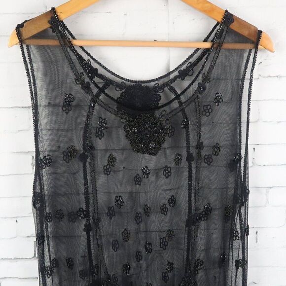 STERLING STYLES VINTAGE BLACK SLEEVELESS SHEER BEADED OVERLAY SHIFT DRESS SIZE L - Picture 4 of 9